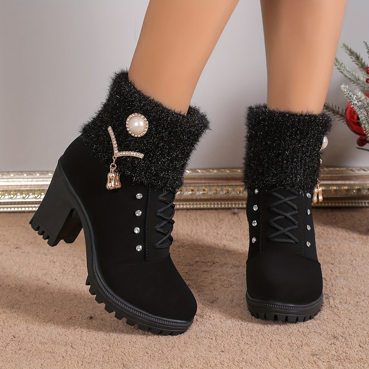 Women's Block Heeled Ankle Boots - Faux Pearl Decor Knit Stitching Booties - Fashion Winter Zipper High Heeled Boots - For Women - Suitable for Parties & Casual Wear - Perfect Gift for Fashionistas